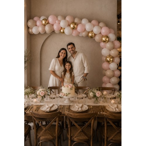 3 Renk: 15 Krom Gold + 30 Makaron Pembe + 30 Deniz Kumu Balon Zinciri 75li Set Baby Shower 1 Yaş