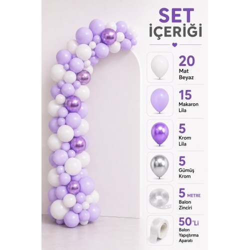 51'li Kadın Doğum Günü, Baby Shower, Bekarlığa Veda Balon Zinciri Süsleme Seti Beyaz Lila Mor