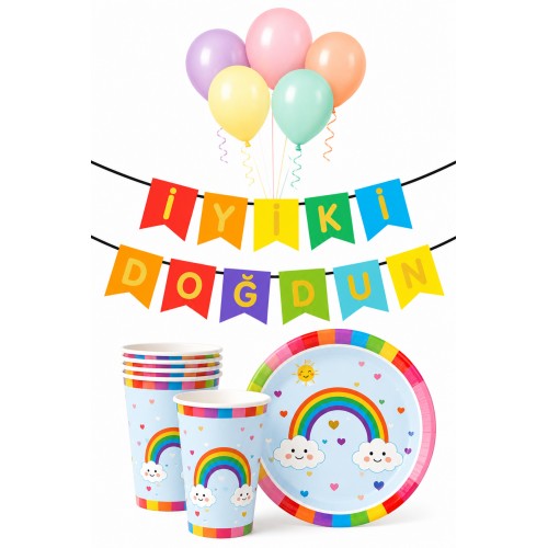 24 Kişilik Gökkuşağı Bulut Konseptli Doğum Günü Parti Seti Rengarenk Pastel Makaron Renkler Balon Set