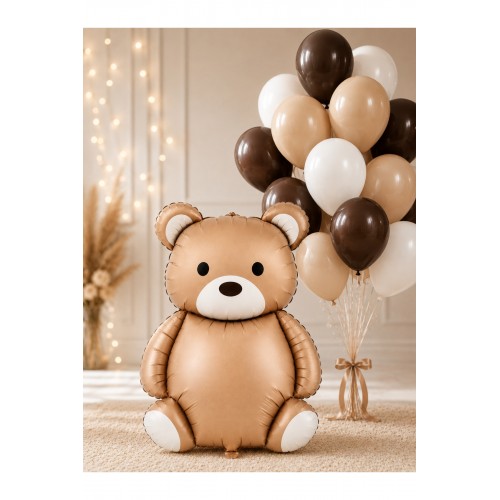 Ayıcıklı Folyo Balon Seti 9’lu Bej Kahverengi Beyaz Balon Demeti Baby Shower Doğum Günü Parti Süsü
