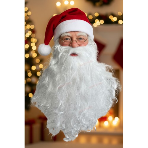 1 Noel Baba Şapka-1 Sakal Set:kırmızı Yılbaşı Şapkası Uzun Beyaz Kıvırcık Gür(YETİŞKİN-ÇOCUK) Sakalı