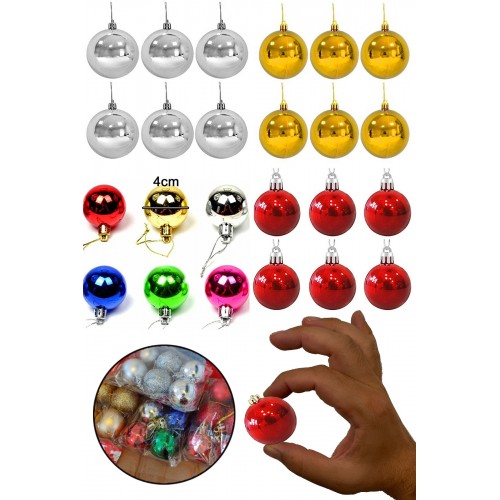 24lü 4cm Yılbaşı Ağacı Süsleme Topları Cici Top Süs Seti (6 GOLD, 6 GÜMÜŞ, 6 KIRMIZI, 6 RENGARENK)