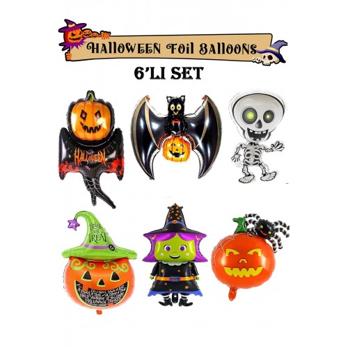 6'lı Cadılar Bayramı Balkabağı Yarasa İskelet Örümcek Folyo Balon Seti Halloween Dekoratif Süsleme
