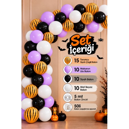  Halloween Balon Zinciri Cadılar Bayramı Seti (Metalik Turuncu , Mat Siyah, Makaron Lila, Beyaz)