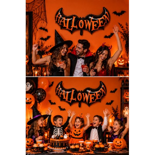 Halloween Yarasa Büyük Folyo Balon Siyah Turuncu Cadılar Bayramı Parti Süsleme Dekoratif