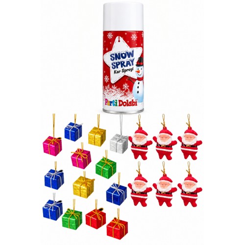 Yılbaşı Çam Ağacı Süsü Seti: 6lı Noel Baba Süs - 1 Erimeyen Kar Spreyi - 6 Renkli Ağaç Süsü 4cm