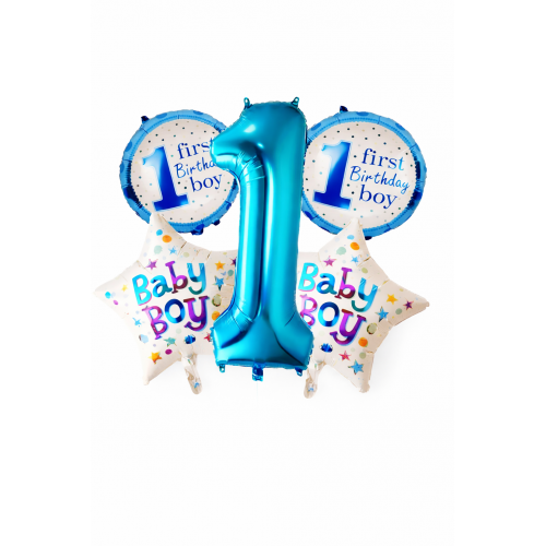 5 Adet Erkek Mavi Beyaz 1 Yaş Rakam,Baskılı Folyo Balon Seti