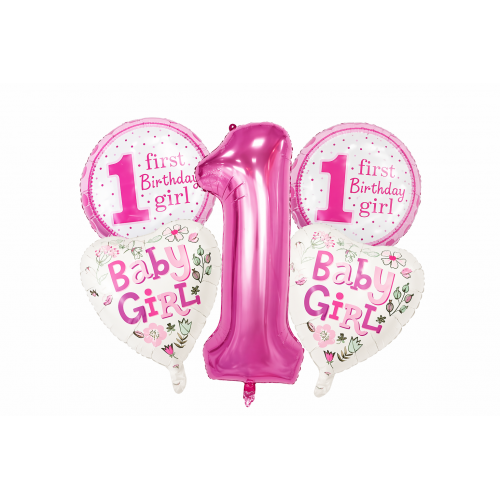 5 Adet Kız Pembe Beyaz 1 Yaş Rakam,Baskılı Folyo Balon Seti