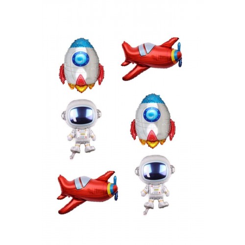 6'lı Uzay Temalı Folyo Balon Seti Astronot, Roket Uçak Folyo Balon