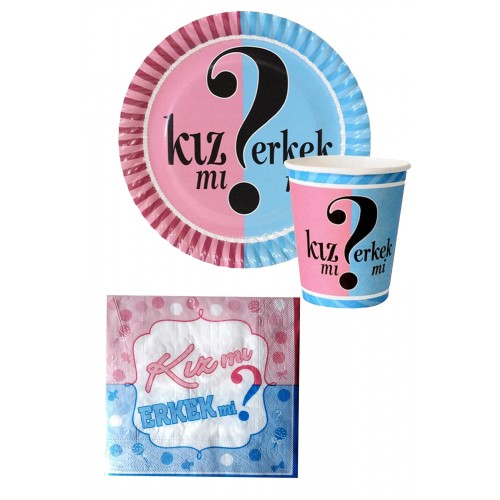 8'li Cinsiyet Belirmele Set Kız Mı? Erkek Mi? Karton Bardak Tabak Peçete Baby Shower Parti Süsleri