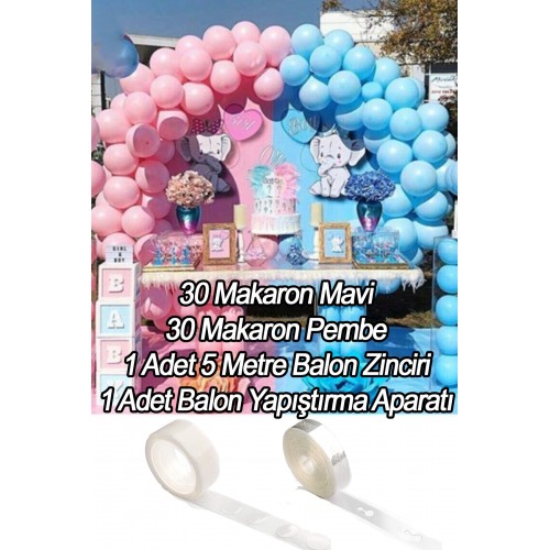 Cinsiyet Partisi Balon Zinciri Süsleme (30 Makaron Mavi, 30 Pembe Balon, Balon Yapıştırma + Zincir)