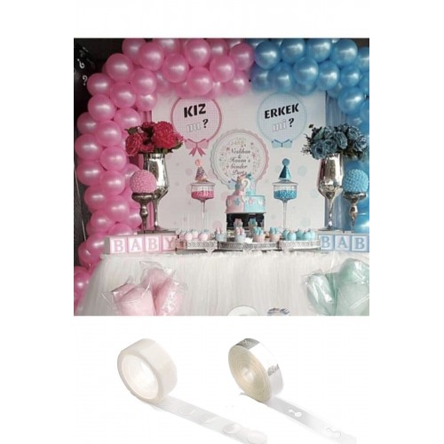 Metalik Cinsiyet Partisi Balon Süsleme (30 METALİK MAVİ, 30 PEMBE BALON, BALON YAPIŞTIRMA ZİNCİR)