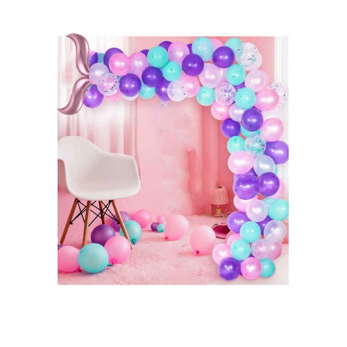Deniz Kızı Temalı "pembe" Kuyruk Folyo Ve 50 Balon + 5mt Balon Zinciri Konsept Doğum Günü Parti Seti