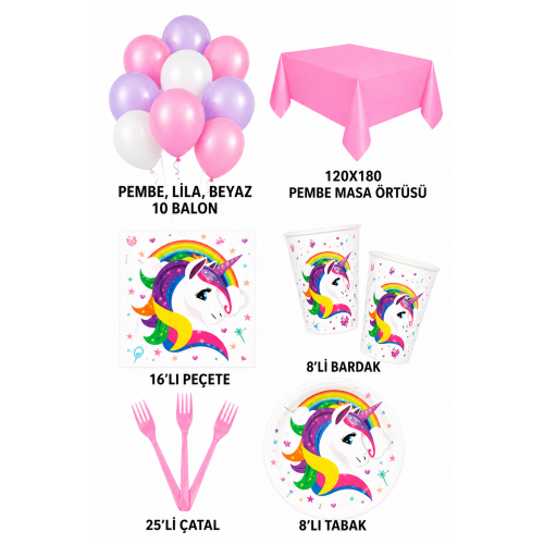 Unicorn 8 Kişilik Doğum Günü Parti Seti 