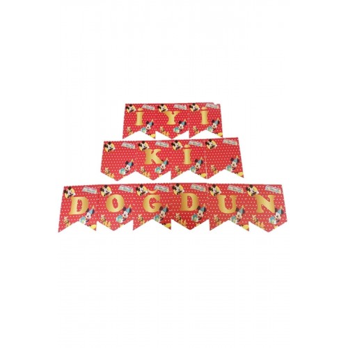 Mickey Mouse Temalı Iyi Ki Doğdun Kırmızı Gold Banner Doğum Günü Yazısı Süsü