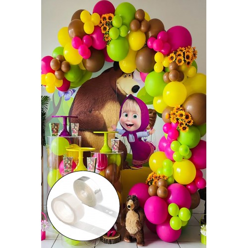 35'li Masha Konsept Balon Seti (Sarı-Yeşil-Fuşya-Kahverengi) Zinciri+ Yapışkanı Maşa ile Koca Ayı