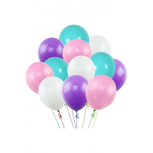 12li Balon 3 Metalik Mor, 3 Mint Yeşili, 3 Pembe, 3 Beyaz Deniz Kızı Ve Unicorn Tema Uyumlu Parlak