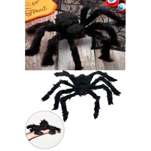 1 Adet Cadılar Bayramı Tüylü Örümcek Halloween Siyah Tüylü Örümcek Dekor Süs 30 Cm