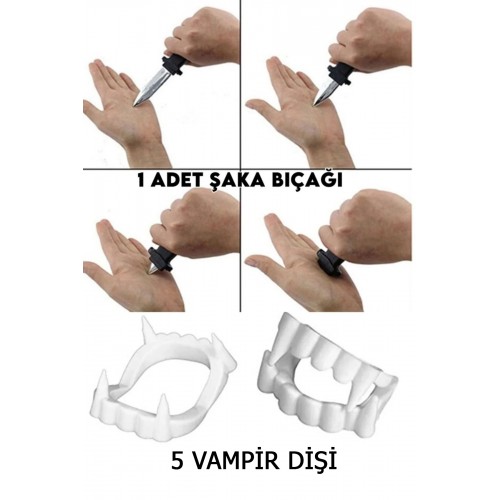 1 Adet Şaka Bıçağı Ve 5 Adet Plastik Vampir Dişi Halloween Tiyatro 2li 1 Nisan Oyuncak Seti