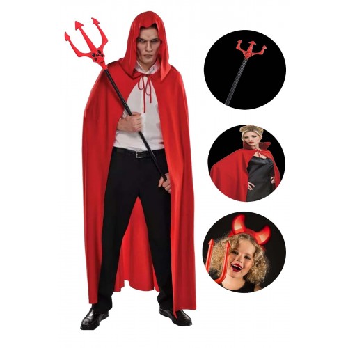 3 Parça Halloween Şeytan Kostüm Set: Işıklı Boynuz Tac , Kırmızı Pelerin , Zebani Şeytan Çatalı