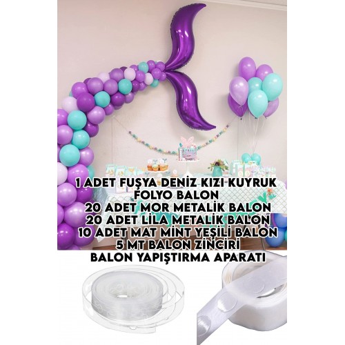 50 Balonlu Fuşya Deniz Kızı Kuyruk Folyo Balonlu Mor Lila Mint Yeşil Balon Zinciri Doğum Günü Seti