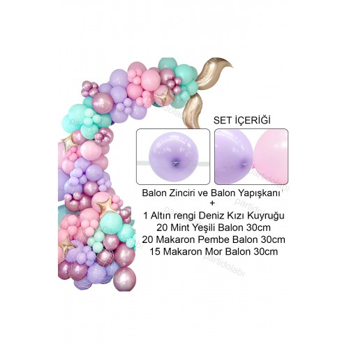 55li Altın Deniz Kızı Kuyruk Folyo Balon Zinciri Mint Yeşil ,Makaron Lila , Pembe Doğum Günü Süsleme