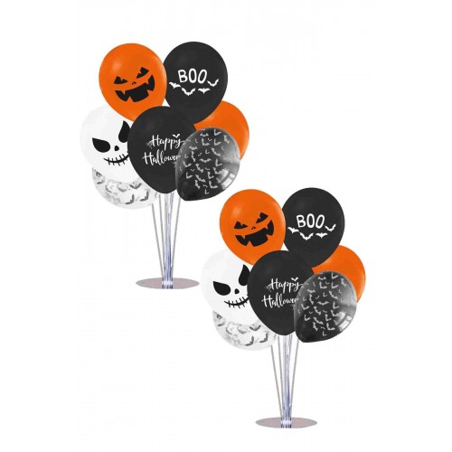 Cadılar Bayramı 2'li Balon Standı + 14 Balon Halloween Balkabağı Baskılı Süsleme Standı
