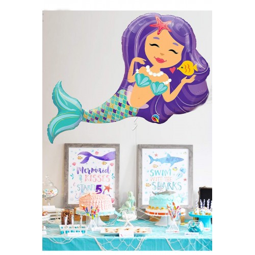 Deniz Kızı Şekilli Büyük Boy Doğum Günü Folyo Balonu Mermaid Deniz Kızı Folyo Balon 75cm