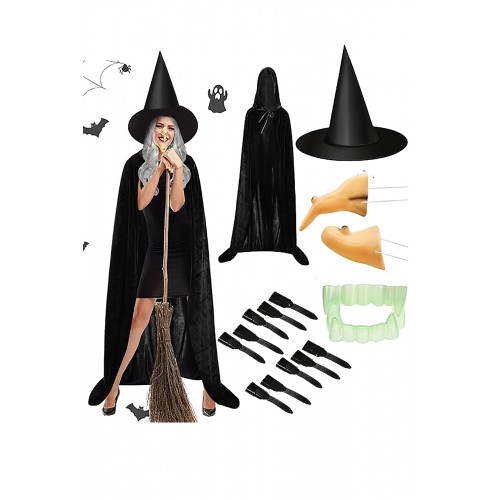 Halloween 120cm Kapşonlu Pelerin Cadı Şapka+Burun+Çene+Tırnak+Diş 6 Parça Kostüm Set Halloween 120cm Kapşonlu Pelerin Cadı Şapka+Burun+Çene+Tırnak+Diş 6 Parça Kostüm Set