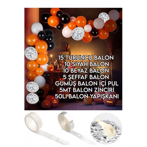 Halloween Balon Zinciri Cadılar Bayramı Seti (15 Turuncu 10 Siyah 10 Beyaz 5 Şeffaf Konfetili Balon)