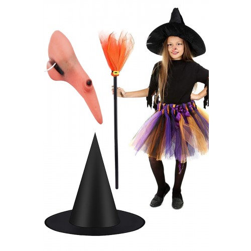 Halloween Cadı Burnu, Cadı Şapkası, Cadı Süpürgesi 3'lü Set Cadılar Bayramı Kostüm Yetişkin ve Çocuk