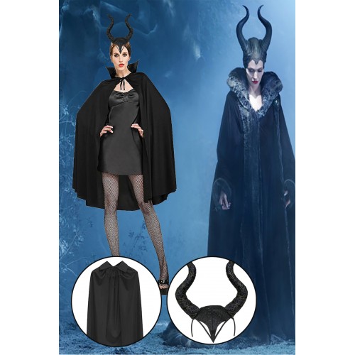  Halloween Siyah Pelerin Malefiz Boynuz Taç Set, Cadılar Bayramı Maleficent Kostüm Yetişkin Ve Çoçuk