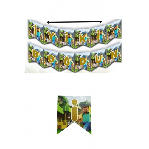 Minecraft Iyi Ki Doğdun Yazı Doğum Günü Erkek Parti Süsü Banner Zigzag Kağıt Yazı 2mt