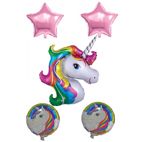 Renkli 5 Li Unicorn Folyo Balon Seti Yıldız Balonlu Set
