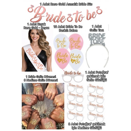 Rose Gold Bride To Be Seti Bekarlığa Veda Partisi Malzemeleri Kuşak Dövme Taç Gözlük Balon Süsleri