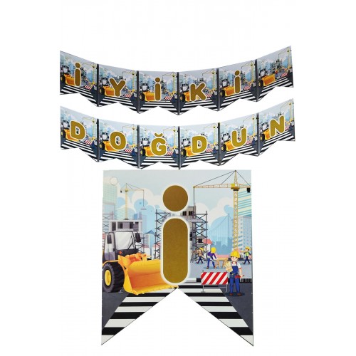 İnşaat Temalı Doğum Günü Parti Banner Uzar Yazı Kepçe İş Makinesi Konsept Dekor Yazı 200cm