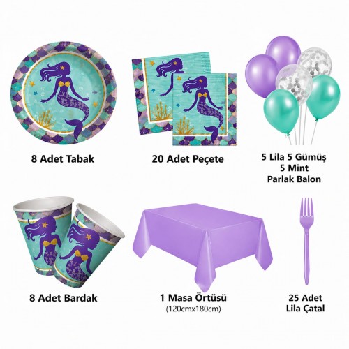 8 Kişilik Deniz Kızı Konseptli Doğum Günü Partisi Paketi