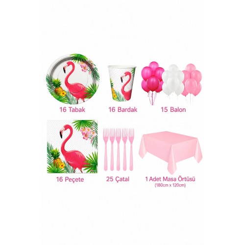 16 Kişi Flamingo Konsepti Parti Malzemeleri Doğum Günü Süs Seti Yaz Temalı