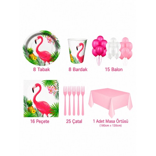 8 Kişilik Flamingo Konsepti Parti Malzemeleri ve Doğum Günü Seti
