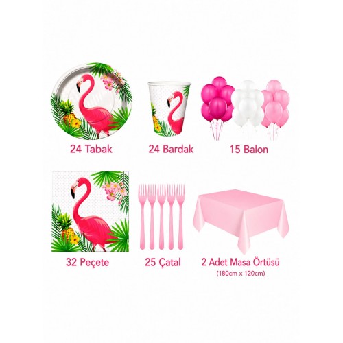 24 Kişi Flamingo Temalı Parti Malzemeleri Doğum Günü Süs Paketi