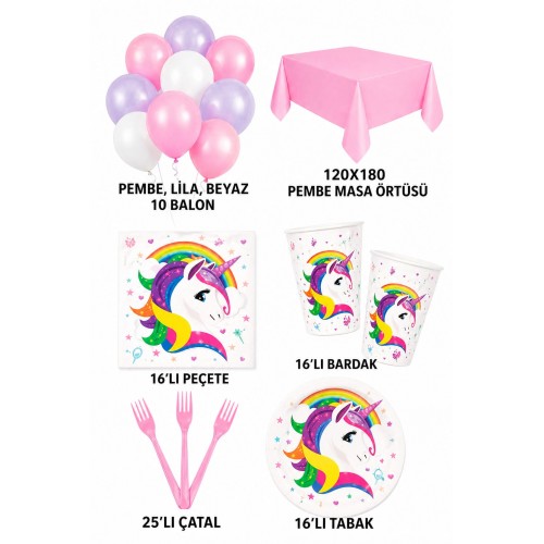 Unicorn 16 Kişilik Doğum Günü Parti Seti 