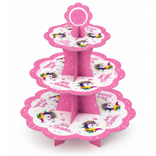 3 Katlı Pembe Unicorn Cupcake Standı Muffin Kek Sunumluk Parti Servis Standı