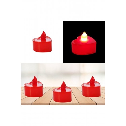 24 Adet 4x4cm Işıklı Kalp Mum Görünümlü, Kırmızı Led Mum