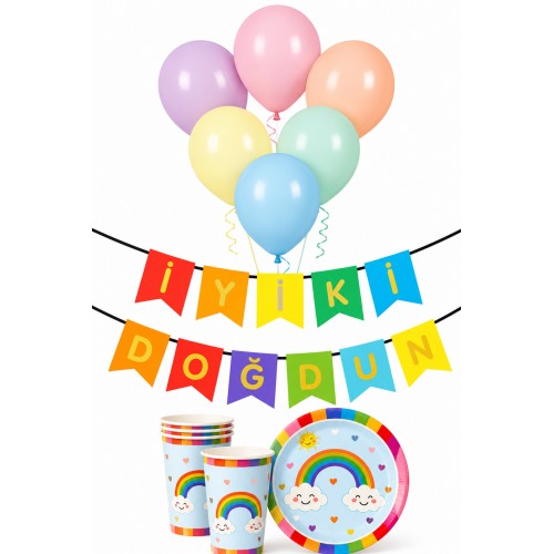 8 Kişilik Gökkuşağı Bulut Konseptli Doğum Günü Parti Seti Rengarenk Pastel Makaron Renkler Balon Set