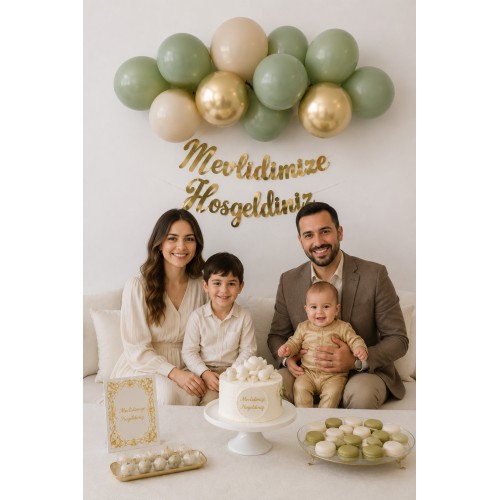  Mevlid Seti: Oda Mekan Süsleme Yazı, Banner Set Bebek Diş Sünnet Küf Yeşili Gold Bej Balon Zincir