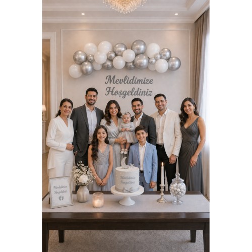 Mevlid Seti: Oda Mekan Süsleme Yazı, Banner Set Bebek Diş Sünnet Beyaz Gümüş Balon Zincir