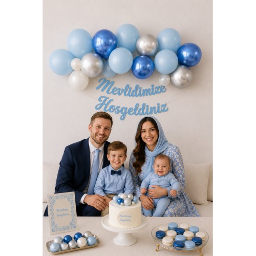 Mevlid Seti: Oda Mekan Süsleme Yazı, Banner Set Bebek Diş Sünnet Lacivert Mavi Gümüş Balon Zincir