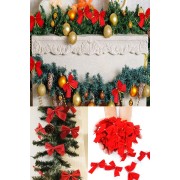 12 Adet Kırmızı Yılbaşı Çam Ağaçı Fiyonk Kurdele Yeni Yıl Noel Parti Dekorasyon Süsleri 7,5x5cm