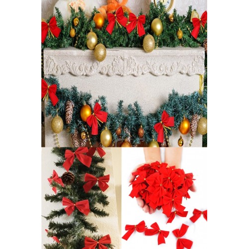 12 Adet Kırmızı Yılbaşı Çam Ağaçı Fiyonk Kurdele Yeni Yıl Noel Parti Dekorasyon Süsleri 7,5x5cm