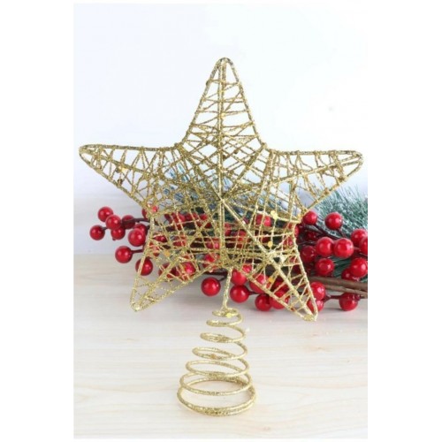  20 Cm Yılbaşı Çam Ağaçı Gold Parlak Metal 3d Altın Tepe Yıldızı Noel Ağaç Kabarık Tepelik Süsü